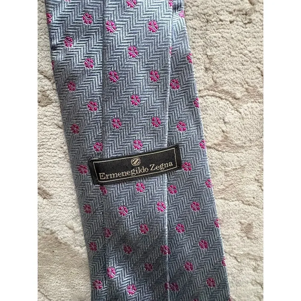 Ermenegildo Zegna 100% Silk Tie Blue Pink Herringbone Designer Italy
